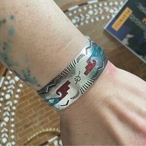 Vintage Sterling Turquoise and Coral Cuff Bracelet